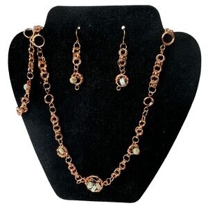 Copper Wire Necklace Earrings And Bracelet Set With Dyed Jasper Hand Made